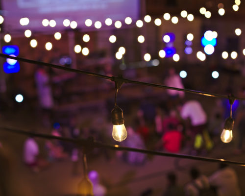 Overhead image of christian retreat room with lights