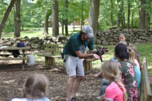 A wildlife expert showing kids a snake during a Refreshing Mountain wildlife exhibit