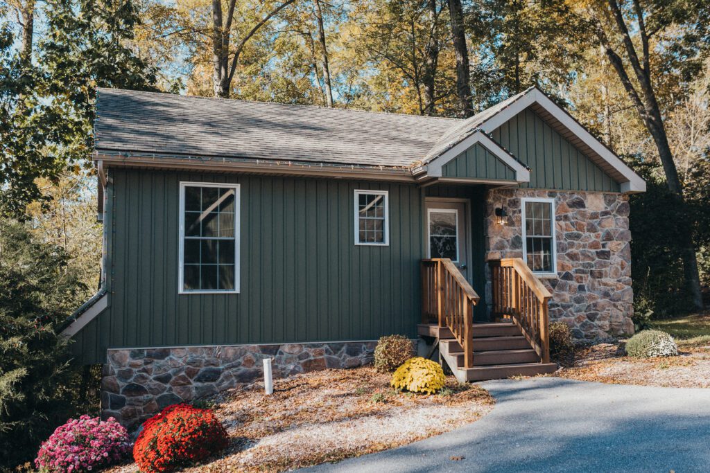 autumn cabin front view